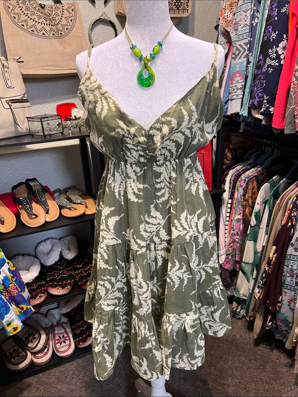 Sacred Threads Olive & White Floral Tiered Spaghetti-Strap Dress - Picture 2 of 5